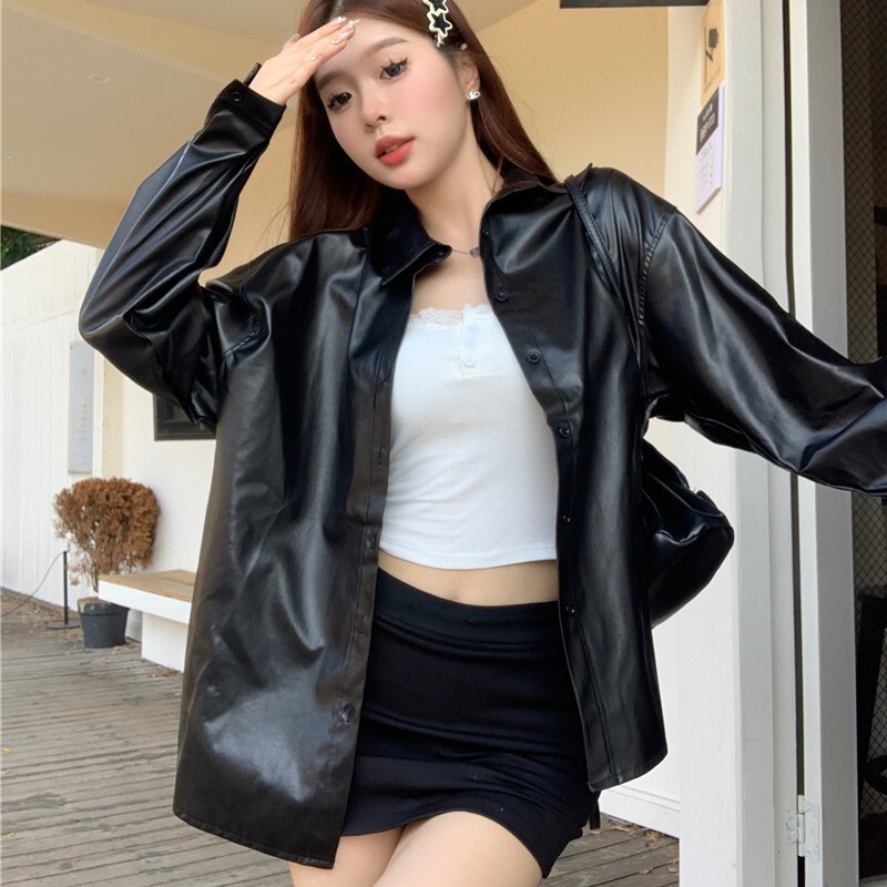 Factory Ready Stock 2025 Autumn and Winter New Pu Casual Shirt-Style Leather Jacket for Women, Trendy Loose Shirt for Hot Girls