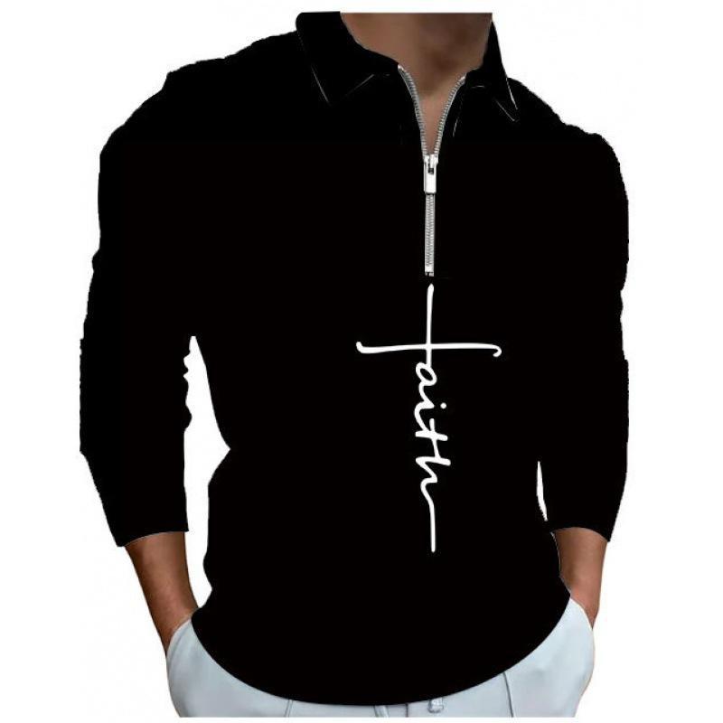 Camisa POLO de solapa de hombre básica simple con estampado digital, camisa delgada de manga larga con cremallera MB14