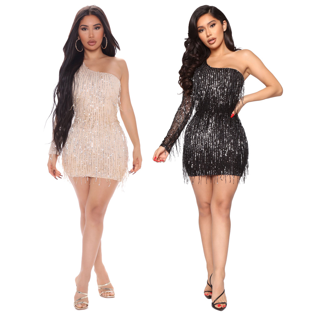 Women's Black Dress Sexy Off Shoulder Sequins Long Sleeve Solid Color Above Knee display picture 6