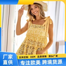 夏季新款纯色荷叶边镂空拼接一片式绑带半身裙女短袖v领防晒裙子