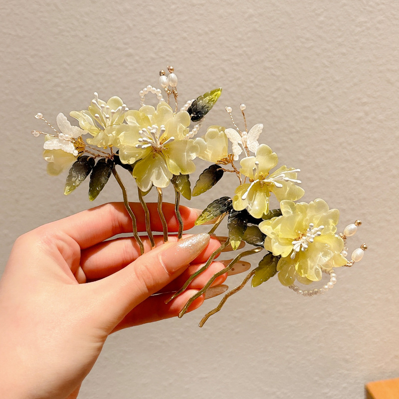 Peonía peonía peonía súper hada horquilla albóndiga accesorios para el cabello femenino peine de cabello verde fresco accesorios de cheongsam peine insertado tocado lateral