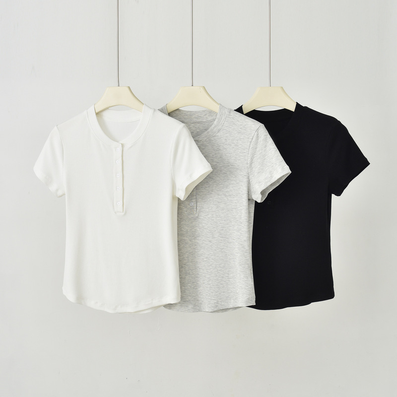 Lenzing Modal Henley Collar Short-Sleeve Sports Top for Women, Yoga Wear, Fitness T-Shirt, Slim Fit, Casual Versatile