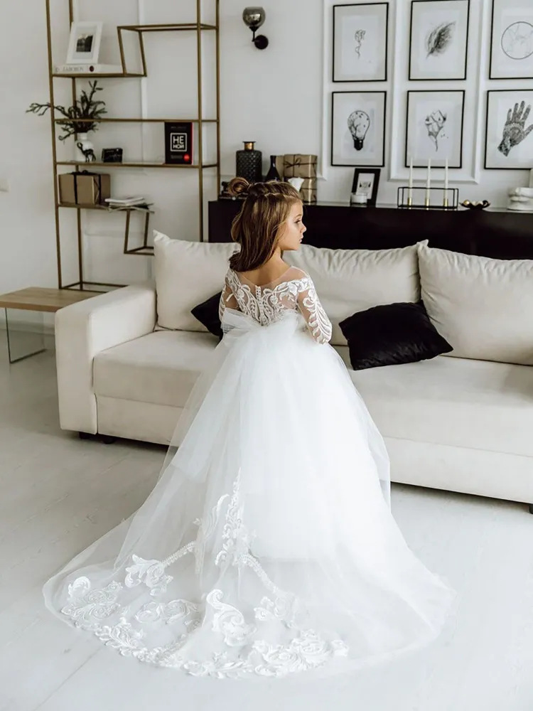 Nuevo vestido de novia para niños transfronterizos europeos y americanos Vestido de encaje de manga larga para niñas con rendimiento final Vestido esponjoso de princesa de cumpleaños