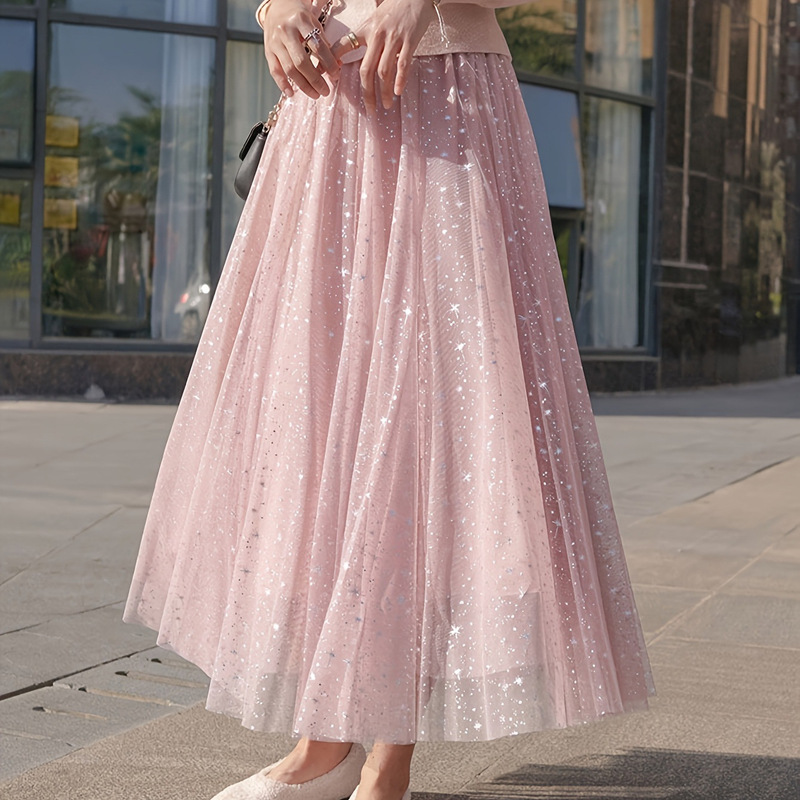 New Versatile Pink Sequin Skirt Gauze Skirt Pink Mesh Skirt Mid-Length Large Hem Skirt A-Line Pleated Skirt