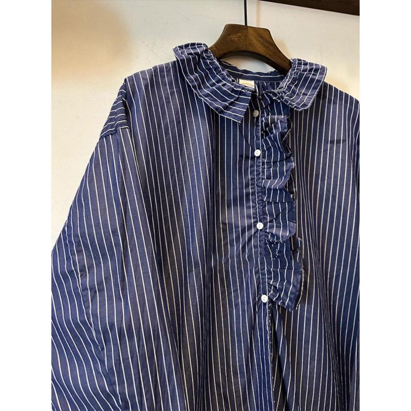 dark blue Fungus Laced Collar Striped Shirt Women's Spring and Autumn New Design Niche Shirt Loose Western Style Top dark blue Fungus Laced Collar Striped Shirt Women's Spring and Autumn New Design Niche Shirt Loose Western Style Top