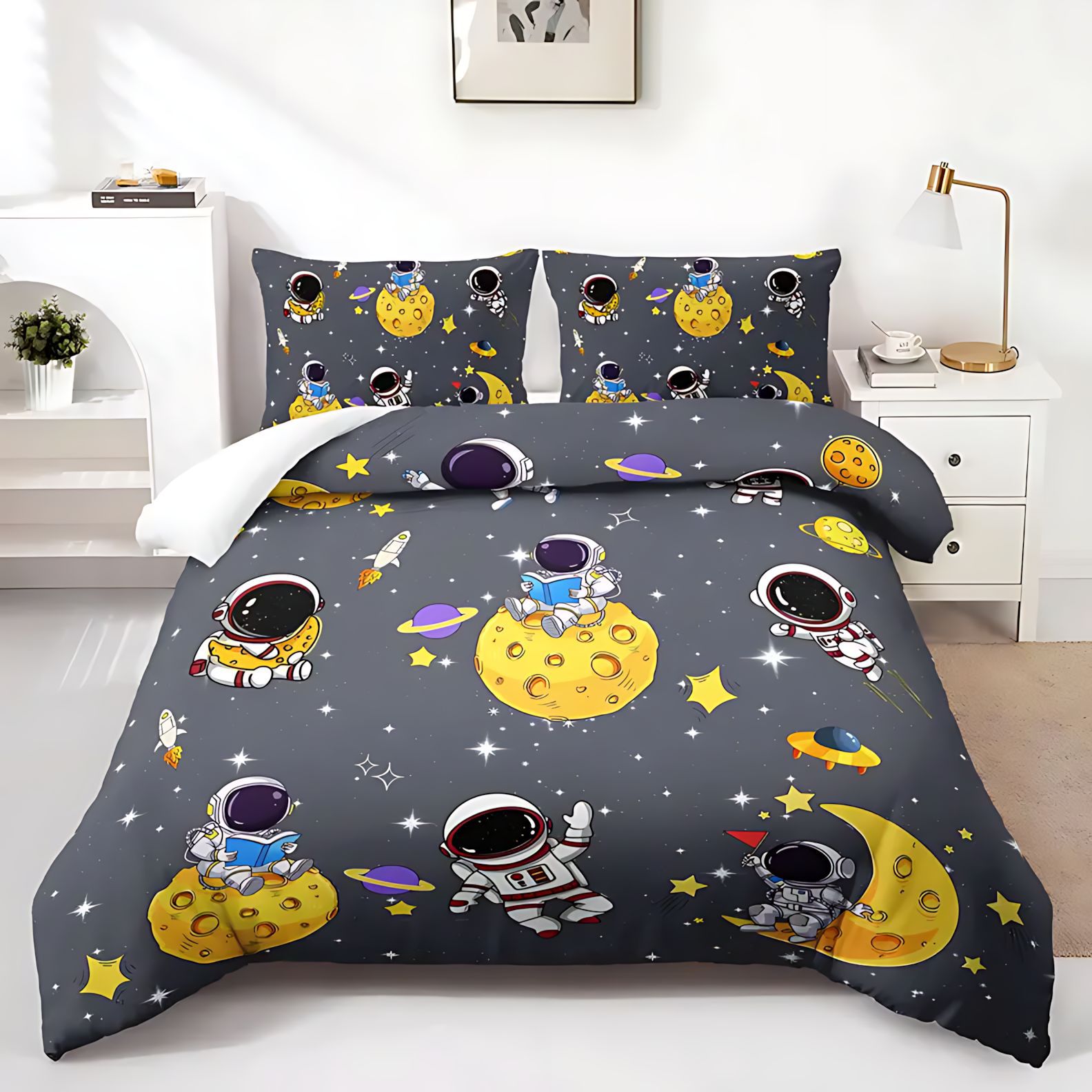 TEMU / JIT transfronterizo dibujos animados tema espacial impresión digital HD suave edredón transpirable kit de funda de almohada