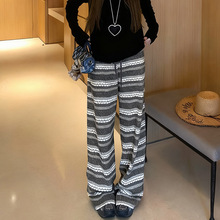 2025新款复古针织裤女冬季慵懒条针撞色百搭加绒加厚休闲阔腿裤子