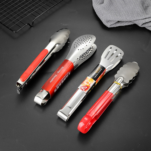 Stainless steel three-line fine card food clip thickened 9-inch 12-inch food clip bread clip red plastic red handle plum blossom clip