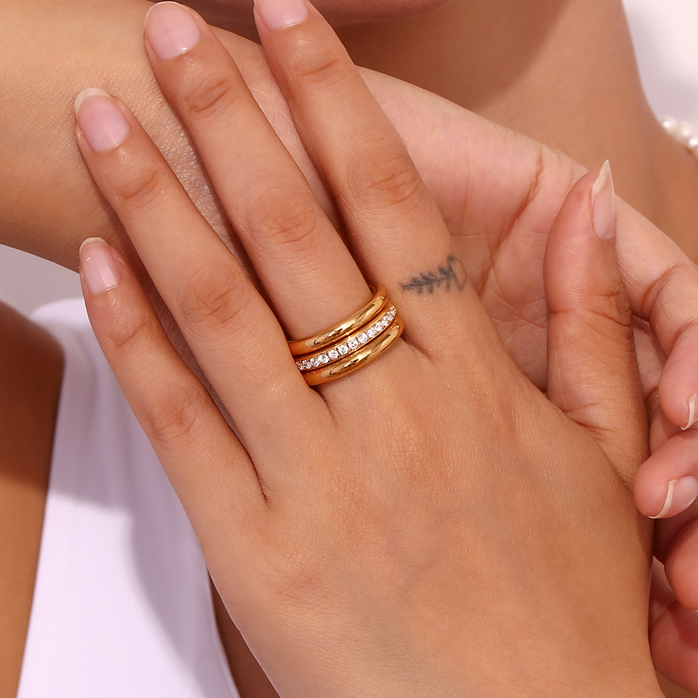 3 Pieces Set Quantity Holiday, Daily Occasion PVD Coated Real Gold Plated 18K Gold Geometric Titanium Steel Waterproof Non Tarnish Rings