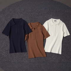 Chunyuan オリジナルフランス SZ ニッチラペルディープ V ネック半袖ポロセータートップ Nanyou 高品質婦人服