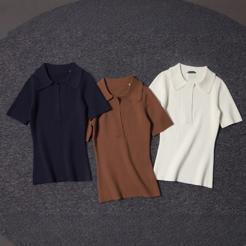 Chunyuan オリジナルフランス SZ ニッチラペルディープ V ネック半袖ポロセータートップ Nanyou 高品質婦人服|undefined