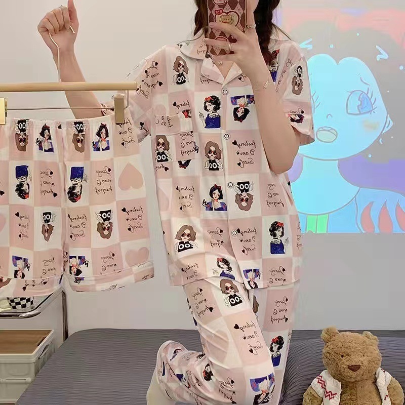 Pijamas de alta gama para mujer, conjunto de tres piezas con cárdigan a rayas de manga corta para verano, se puede usar en exteriores, conjunto de ropa para el hogar para primavera y otoño de 2025