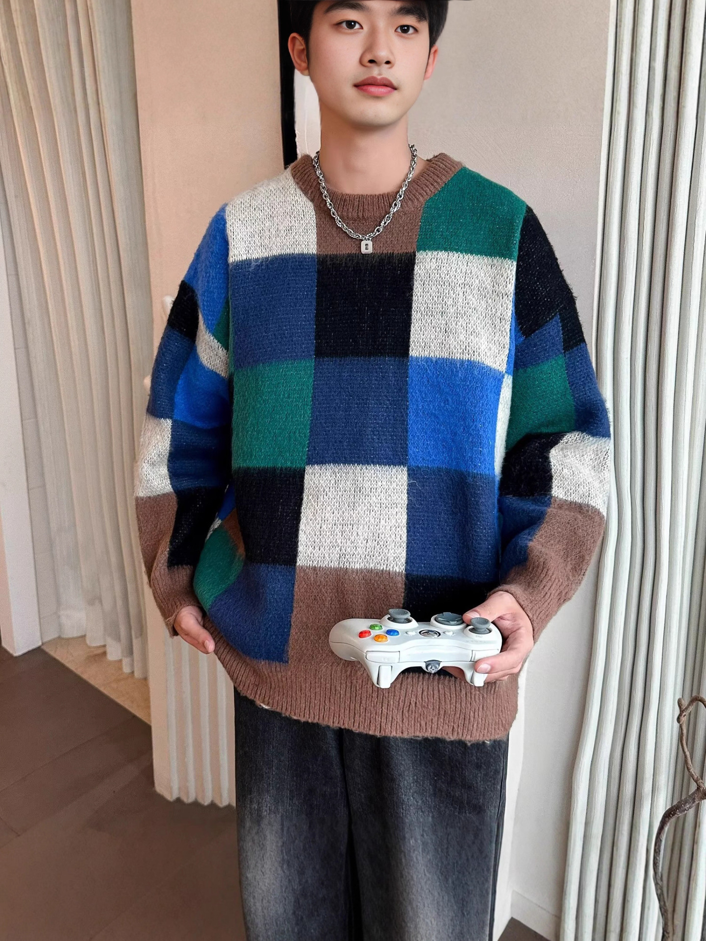 Suéter de tablero de ajedrez de Navidad para hombres invierno de alta calidad camiseta de punto suelta perezosa americana chaqueta de hilo retro