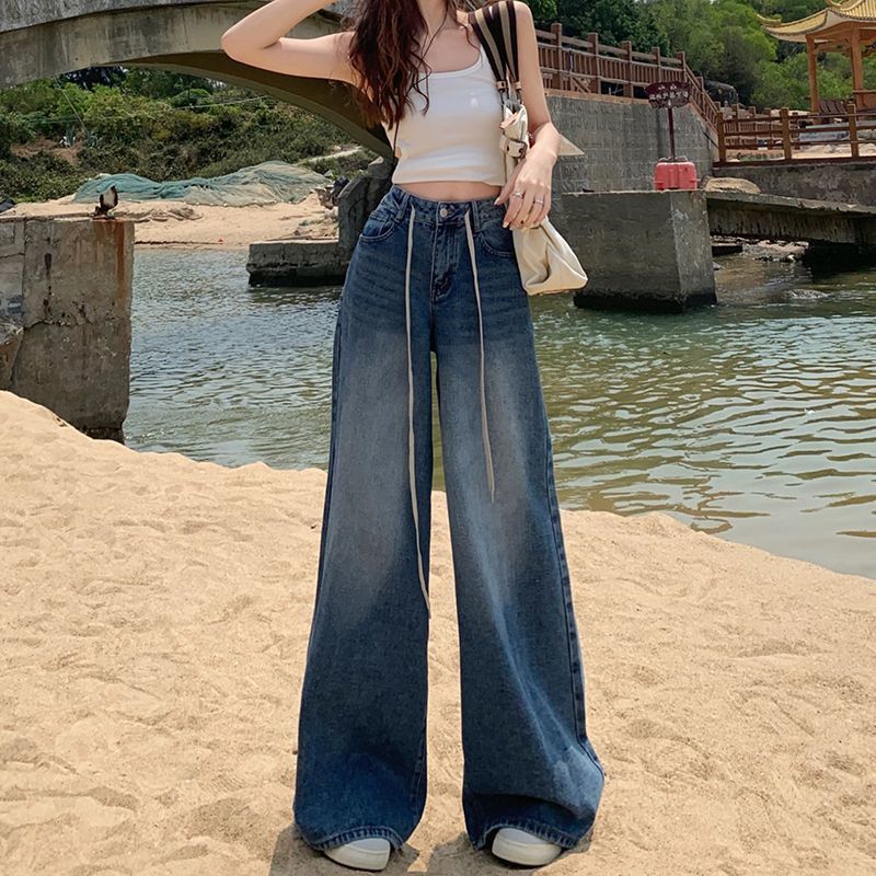 抽绳穿搭显瘦牛仔裤修身高腰女2025年复古蓝宽松阔腿裤垂感拖地裤|undefined