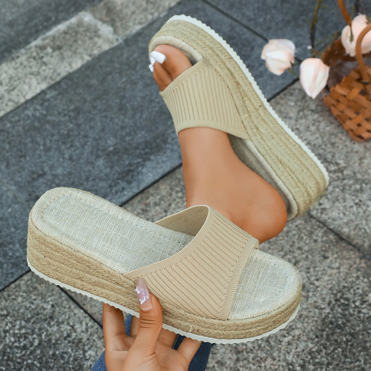 Women's plus Size Knitted Wedge Sandals Open Toe Summer New Style Slip-On Breathable Comfortable Casual Slippers_voghion.com