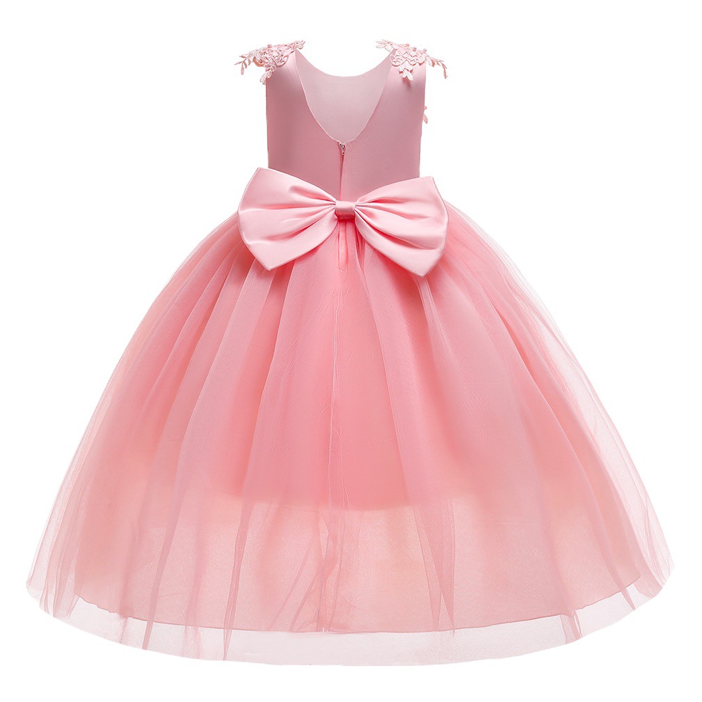 Nuevo vestido de los niños vestido de princesa bordado sin espalda arco grande flor niña vestido de novia anfitrión chica vestido de pasarela