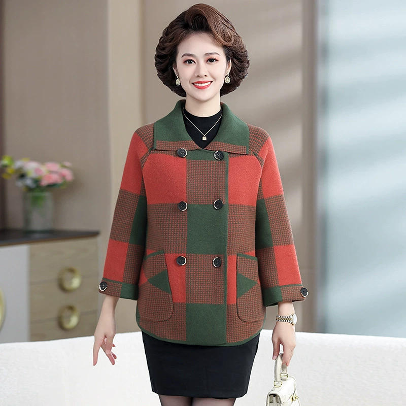 Женская одежда среднего и пожилого возраста, новый вязаный кардиган, свободный весенне-осенний Топ, клетчатое шерстяное пальто в западном стиле для мам