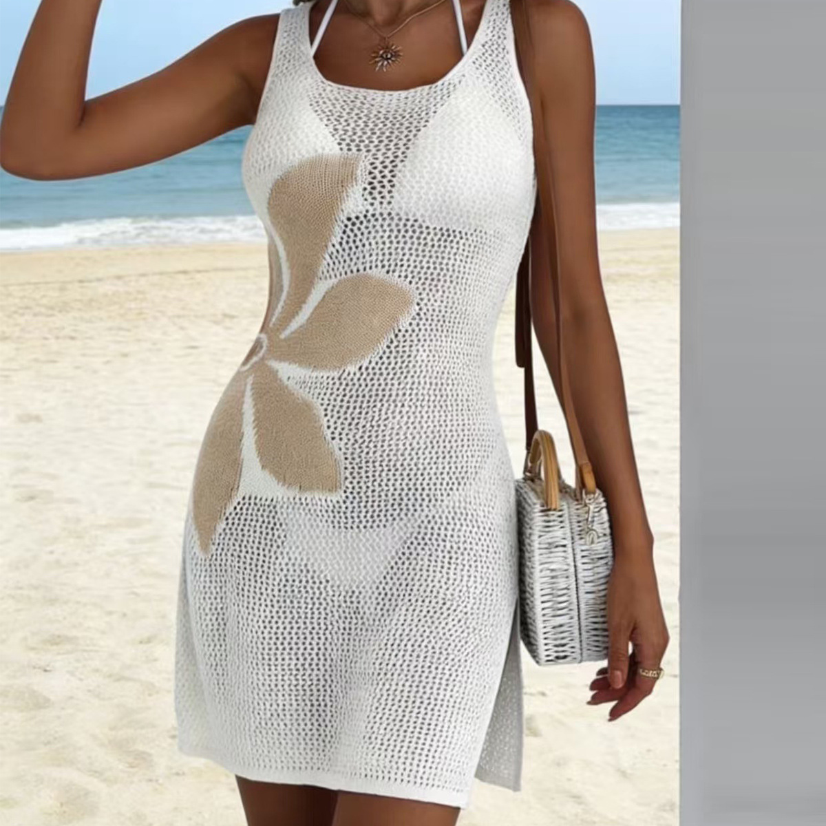 European and American Cross-Border Women's Fashion Mid-Length Knitted Strapless Sexy and Stylish Hollow-Out Solid Color Dress Knitted Beach Midi Dress