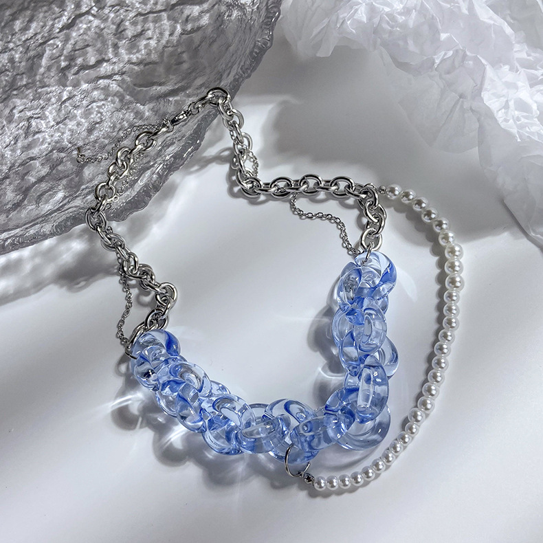 Wholesale Fashion Translucent Blue Crystal Pearl Chain Double-layer Necklace Nihaojewelry display picture 2