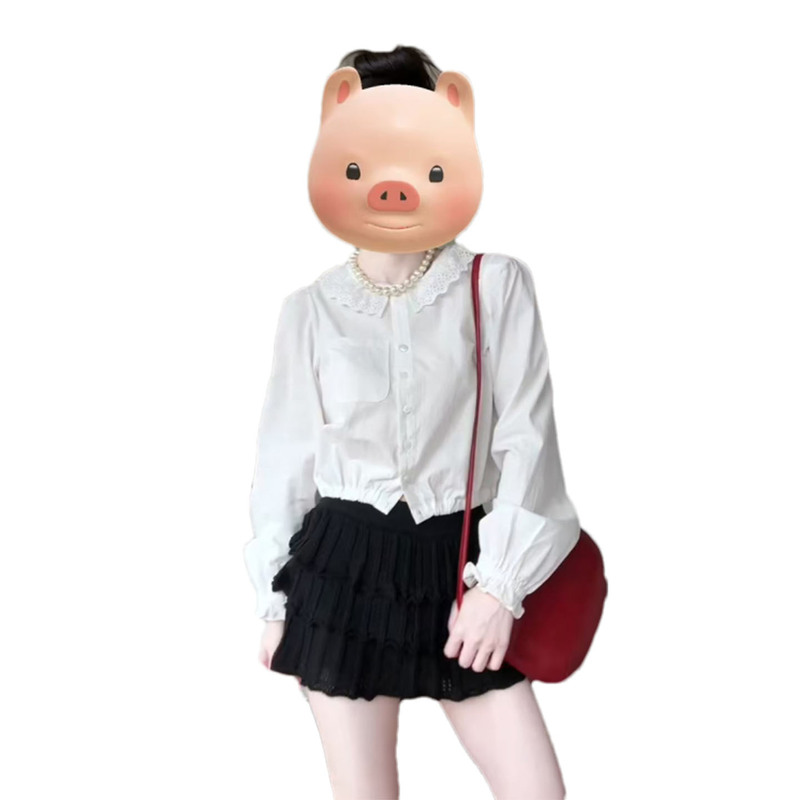 清纯系绝美套装女2025早秋新款蕾丝拼接长袖衬衫a字半身裙两件套|undefined