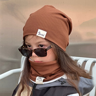 New style cotton double-layer hat scarf two-piece set autumn and winter Korean style flanging knitted children's pullover cap solid color