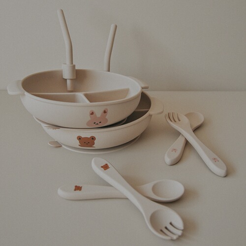 Korean style baby food supplement silicone dinner plate, one-piece anti-scalding compartmented dinner plate, suction cup tableware with lid, eating bowl