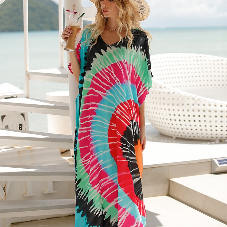 Cruzar la frontera europea y americana suelta blusa de playa rayón impreso bohemio vestido maxi bikini blusa ropa de playa RZ02