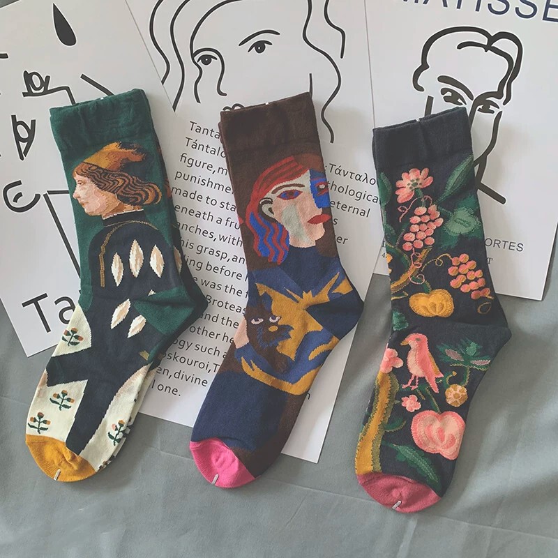 Retro college-style creative colorful trendy socks, unisex mid-calf socks, spring collection, high-waisted, summer style, with a unique oil painting design Retro college-style creative colorful trendy socks, unisex mid-calf socks, spring collection, high-waisted, summer style, with a unique oil painting design