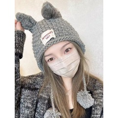 韩版甜美可爱手工兔耳朵毛线帽子女生秋冬季保暖包头雷锋帽
