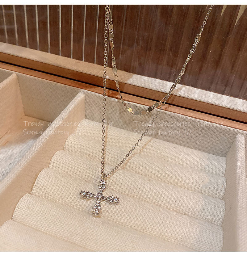 rhinestone cross double-layer necklace for women light luxury minority design hot girl clavicle chain trendy cool personality new ornament undefined