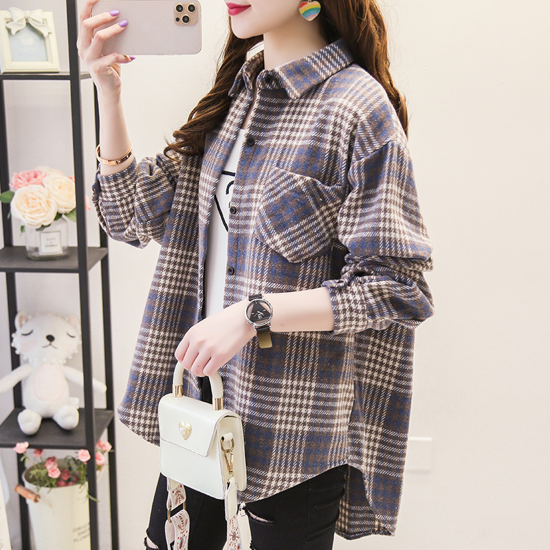 Wholesale Thickened Plaid Shirt Women's 2023 Spring and Autumn Winter Woolen Coat Loose Scrub Cotton Hong Kong Style Top Wholesale Thickened Plaid Shirt Women's 2023 Spring and Autumn Winter Woolen Coat Loose Scrub Cotton Hong Kong Style Top