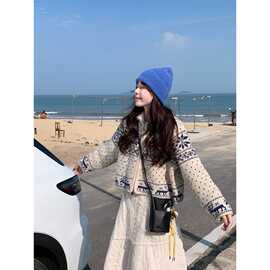 实拍~慵懒风甜美立领拉链雪花毛衣开衫女装宽松休闲针织外套91531