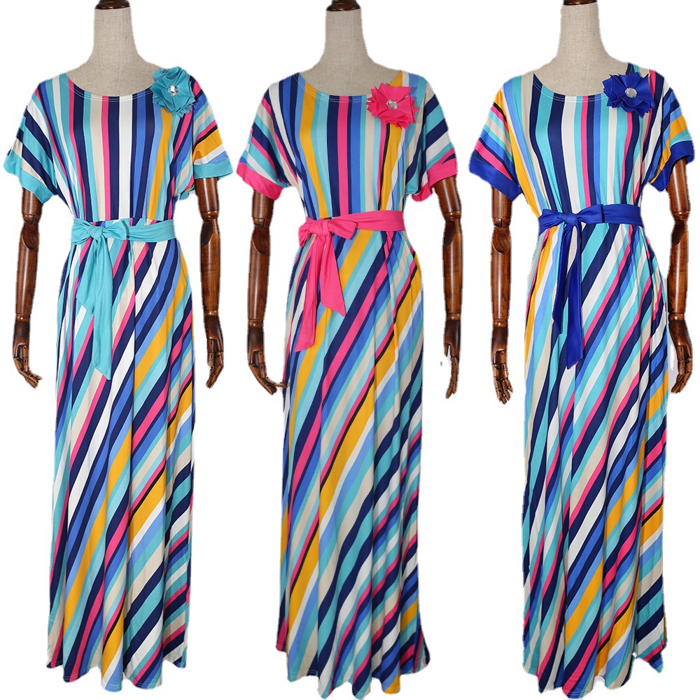 Cross-border source AliExpress Amazon color striped belt * chest flower African large size women's dress