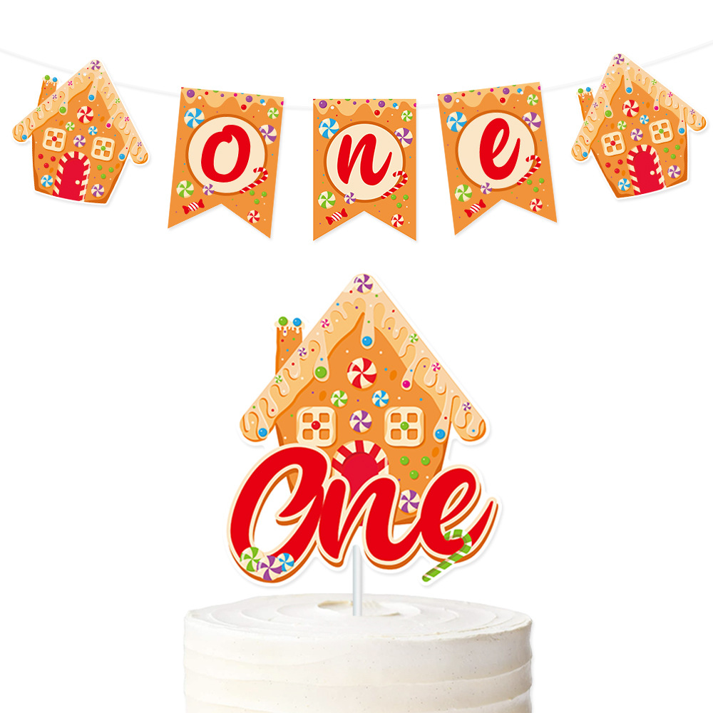 Nuevo conjunto de decoración de fiesta de cumpleaños tira de banderas de Navidad pan de jengibre hombre uno tira de banderas tarta de tarta