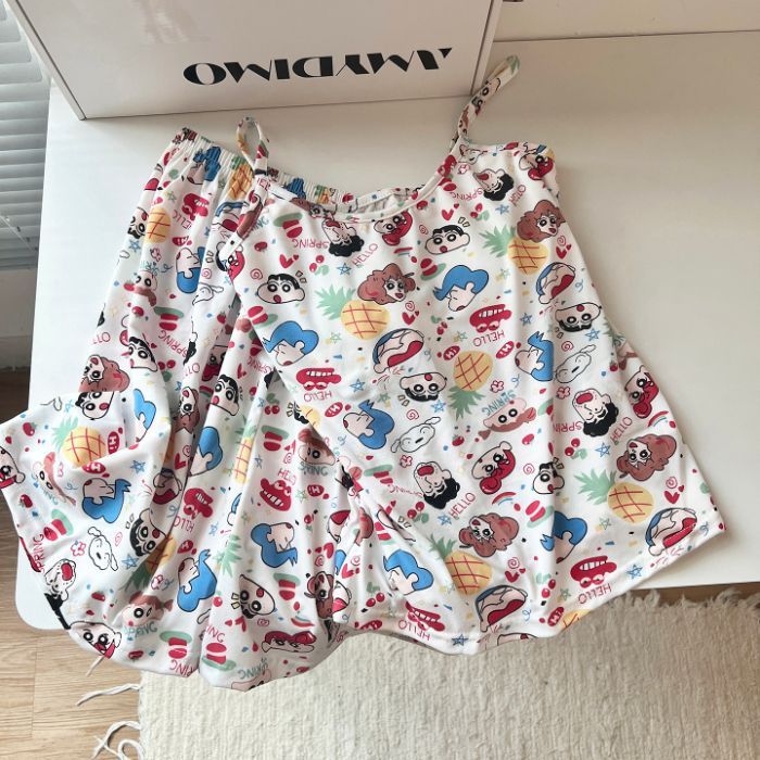 Pijamas transfronterizos al por mayor con almohadillas para el pecho para mujeres verano nuevos pantalones cortos de honda de dibujos animados coreanos lindo traje de servicio a domicilio imitación algodón