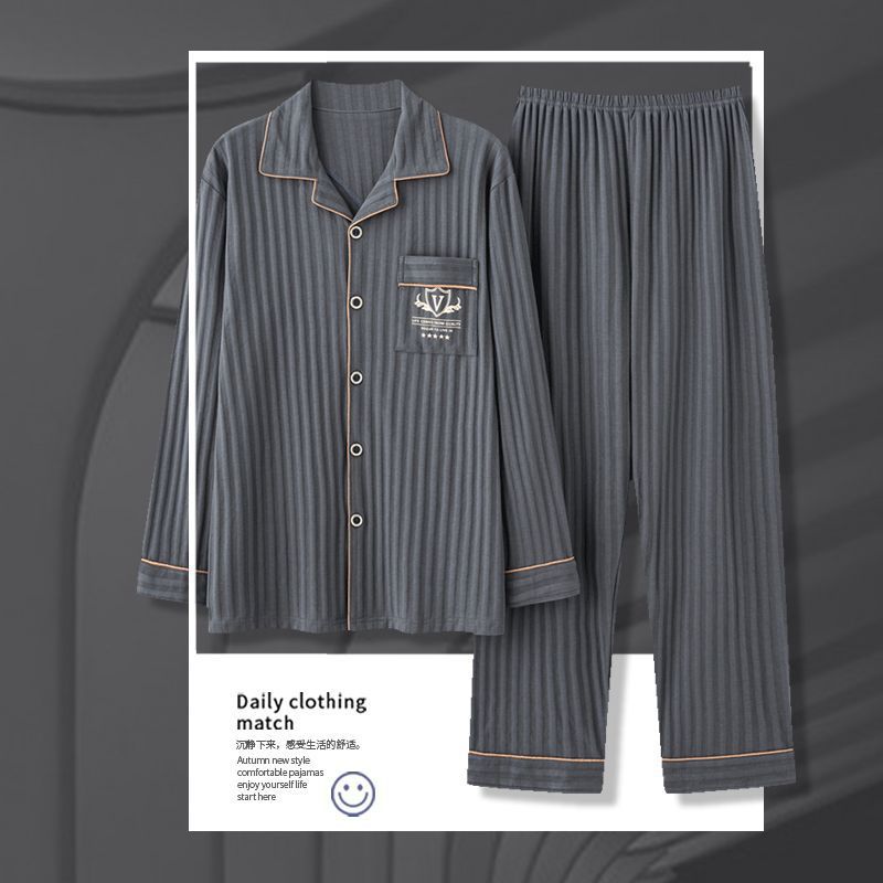 Pijama de algodón masculino primavera y otoño cardigan de manga larga suelta más grande se puede usar fuera del conjunto de ropa de casa