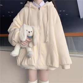 盐系复古高校少女加绒加厚开衫外套女原宿宽松慵懒连帽卫衣学生BM