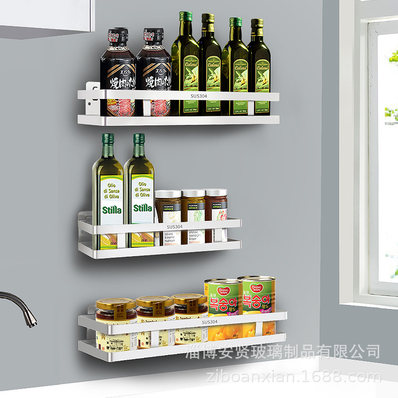 Estante colgante para botellas de condimentos, tarros de especias, recipientes de aceite, estante de almacenamiento de acero inoxidable, estante sin perforaciones, estante de almacenamiento para el hogar y la cocina.