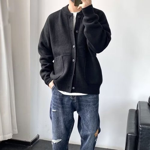 Japanese-style round neck open sweater for men, spring and autumn, Hong Kong-style knitted sweater, round neck jacket, simple and loose, thick sweater outerwear
