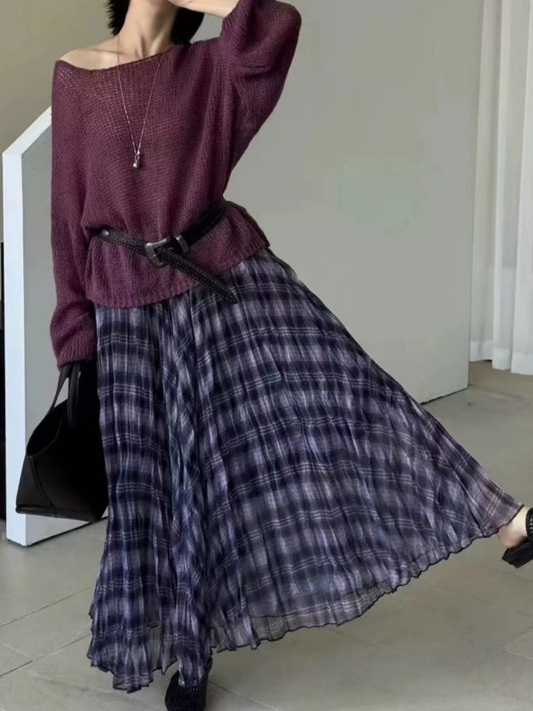 百褶格子半身裙女025秋冬新款高腰显瘦百搭A字裙中长款大摆伞裙子|undefined