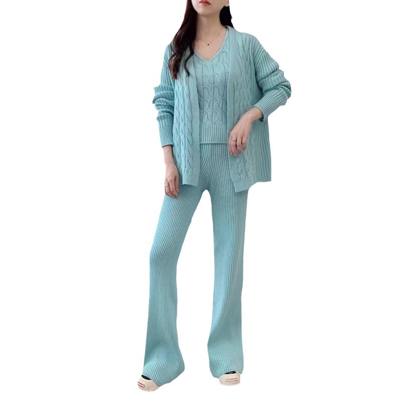 Autunno Inverno Lazy Maglia Donna Cardigan Largo Cinghie Fondo Camicia Pantaloni Gamba Larga Estesi Set Pezzo_voghion.com