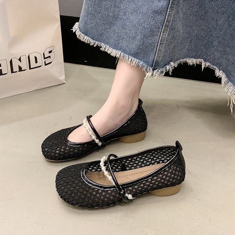 Zapatos de tacón grueso de un solo pie, zapatos de mujer, 2026 nuevos zapatos de verano franceses agujerados sandalias de tela de talón bajo