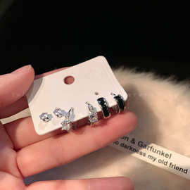 2023年新款冷淡风耳环高级感精致耳饰潮黑色锆石滴釉六件套耳钉女