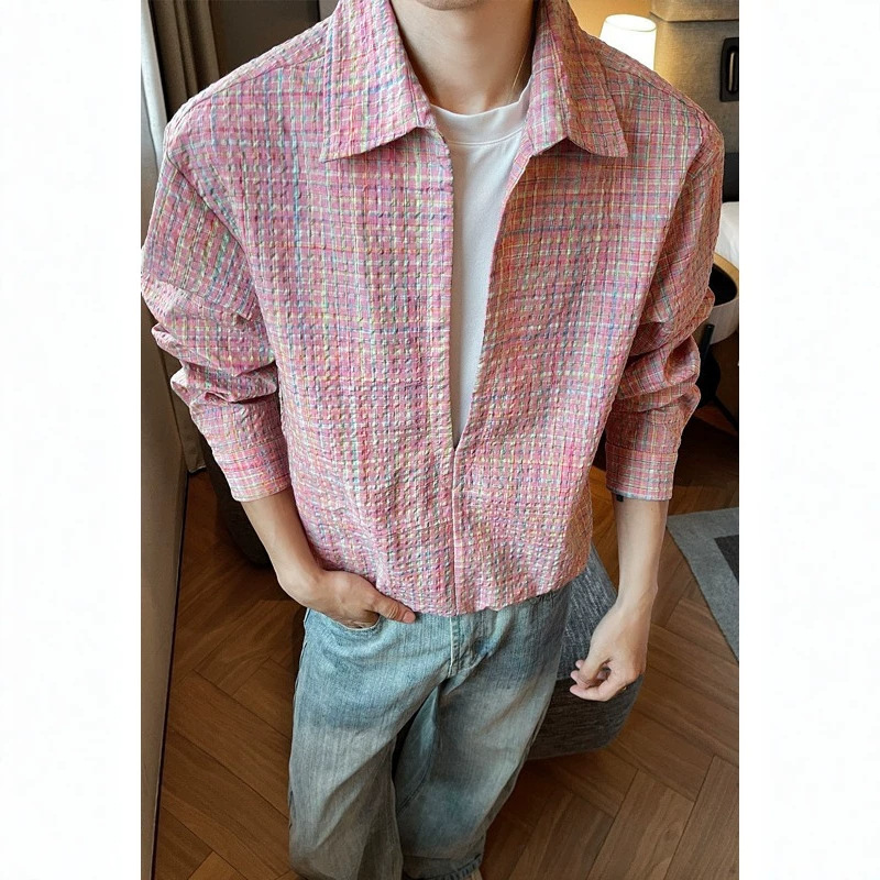 2026 Patchwork Long-Sleeve Shirt for Men and Women, Youth Thin Pink Plaid Seersucker Pullover Jacket