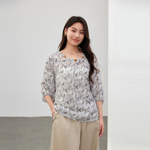 [Retro Elegant Hollow Printed Three-Quarter Sleeve Shirt] Slim and Beautiful Plus Size Women's Clothing Fat mm 2025 Summer New Style