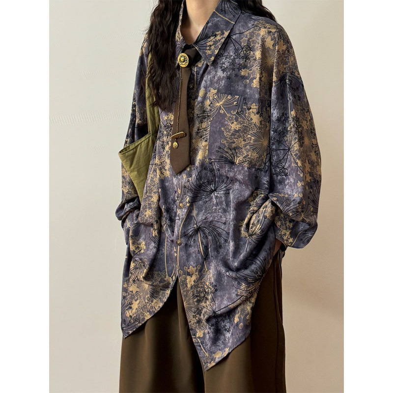 2025 Hong Kong Style Spring New American Style Retro New Chinese Style Dandelion Printed Purple Long Sleeve Shirt Women's Trendy Top