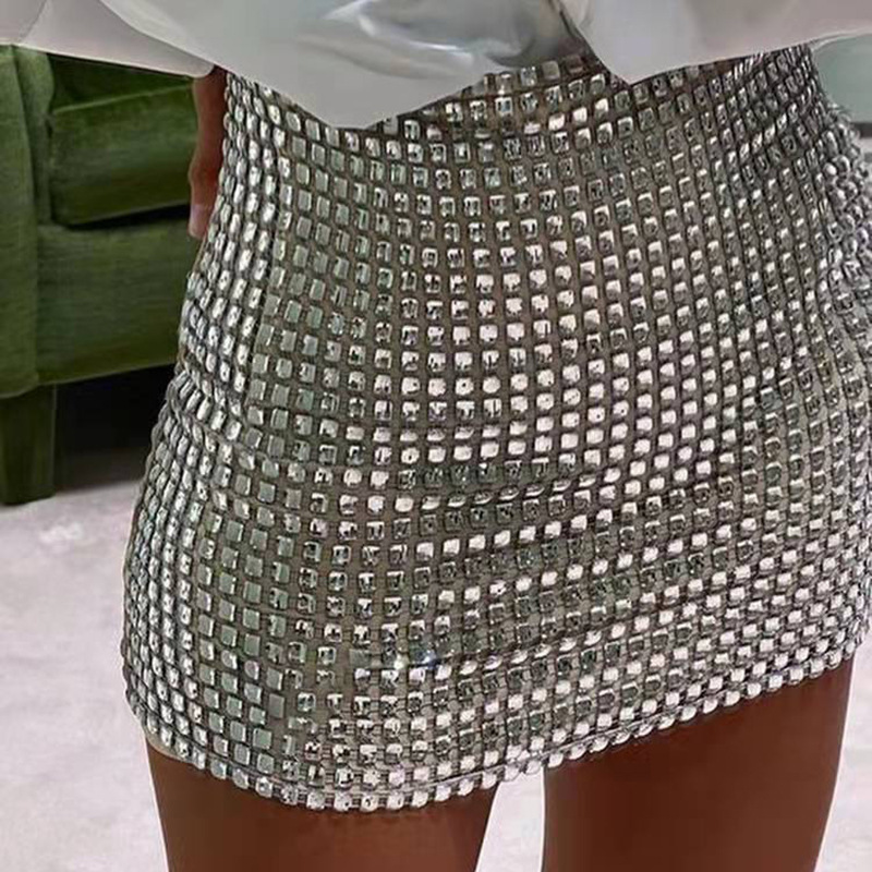 Sexy Women's Clothing Wholesale Solid Color Slim Fit Mesh Sequin Slightly Stretchy Hip-Hugging Ultra-Short Skirt for Sexy Women