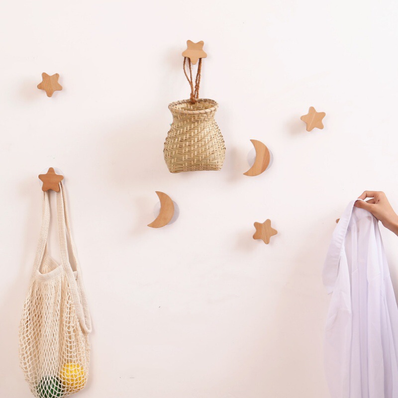 Cross-border Nordic Solid Wood Wall Hook Punch-free Hallway Wall Hook Coat Hood Star Moon Creative Hook