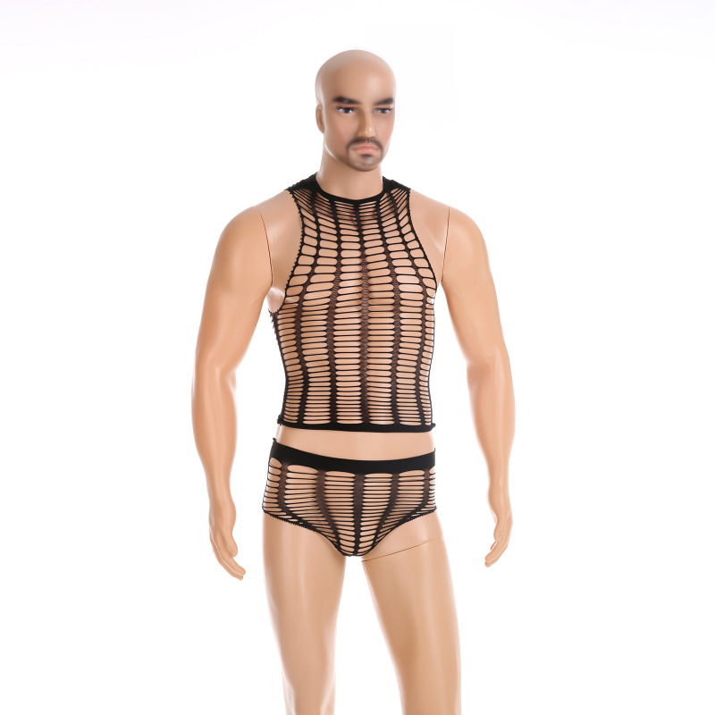 Men's Sexy Mesh Lingerie, Two-Piece Hollow-Out See-Through Seductive Close-Fitting Sleepwear Men's Sexy Mesh Lingerie, Two-Piece Hollow-Out See-Through Seductive Close-Fitting Sleepwear