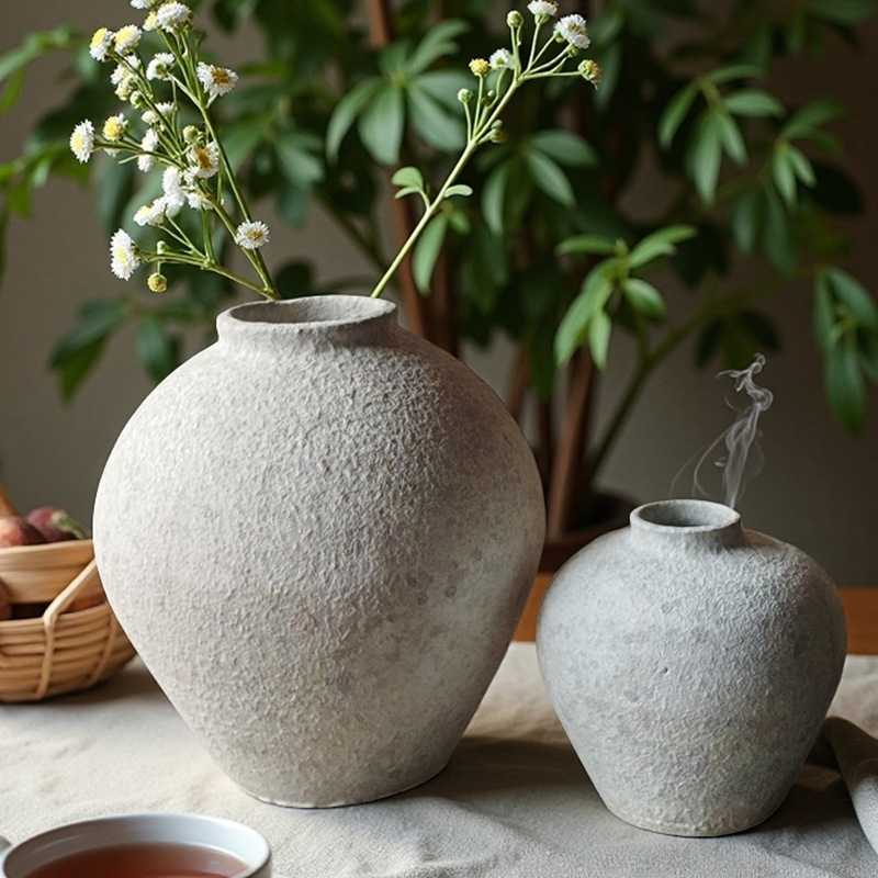 中国式のレトロな手作りの粗い陶器の花瓶の陶磁器の大きい腹の花器の大きいサイズの客間の玄関の装飾品の置物の卸売り|undefined